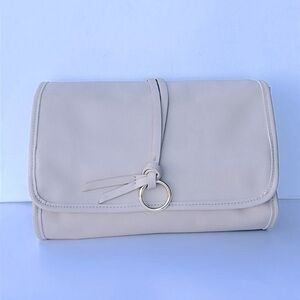 Lancome Faux Leather Tri - Fold Cosmetic Makeup Bag Train Case ~ Nude/Tan